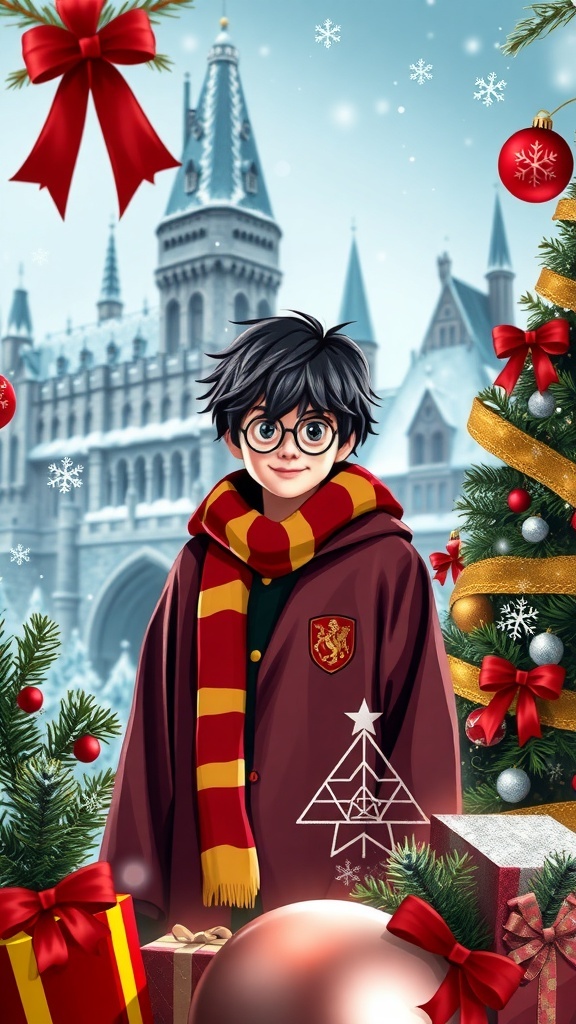 A Harry Potter character in a Christmas setting with Hogwarts elements and festive decorations.